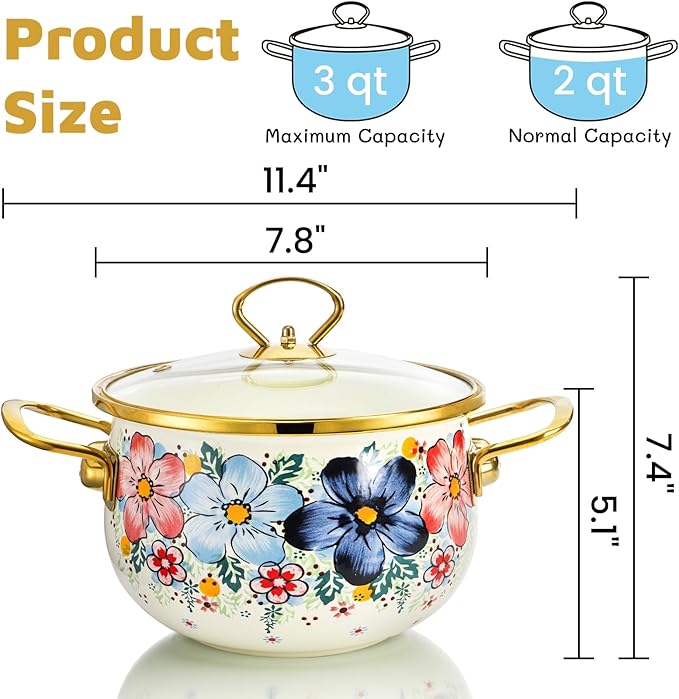 SOUJOY 3 Quart Enamel Cooking Pot with Glass Lid, Non-Stick Soup Pot with Handle, Vintage Floral Bean Stew Simmer Pot for Kitchen, Induction & Gas Stove Safe, Mother's Day, Wedding, Christmas Gift