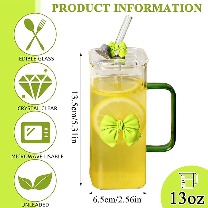 13Oz Square Glass Cups with Lids and Straws，Heat Resistant Glass Tumbler with Handle Bow Knot Transparent Drinking Glasses for Water,Juice,Iced Coffee,Milk,Tea (green)