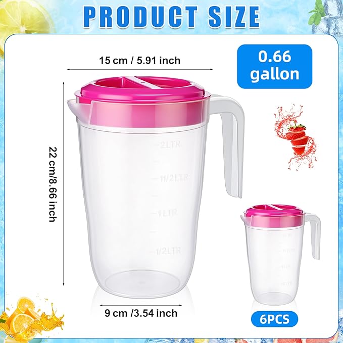 LemonRoad 6 Pcs 2 L Plastic Pitcher with Lid Water Iced Tea Pitchers Drink Container with Twist Cover Tea Jug for Fridge for Water Juice and Fridge Storage, Dishwasher and Freezer Safe(Clear)