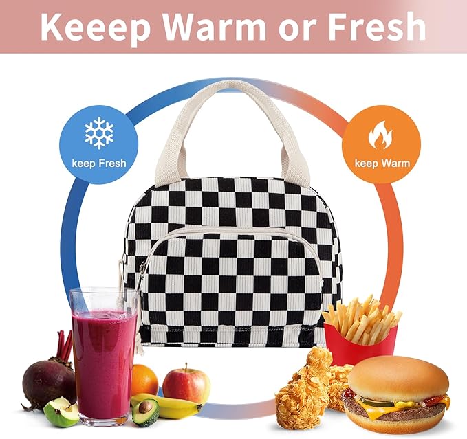 Lunch Bag Women Lunch Box for Women Adult Cute Insulated Lunch Bag Small Cooler Lunch Tote Bags for Work Picnic Travel (Black-White Plaid)