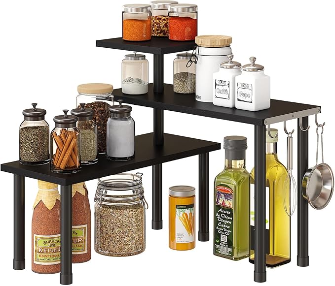 GHWIE Corner Shelf Organizer, 3 Tier Bamboo Kitchen Countertop Rack for Living Room, Office, Bookshelf Display Shelves, Space Saving Storage Shelves,Black
