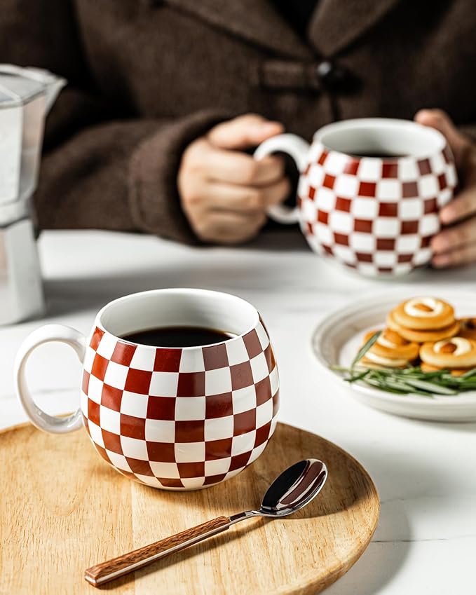 LAUCHUH Porcelain Coffee Mugs - 18 Ounce Large Mug Set of 6 Coffee Cups with Handle for Mother's Day, Tea Latte Cappuccino Milk Cocoa, Dishwasher & Microwave Safe, Brown and White