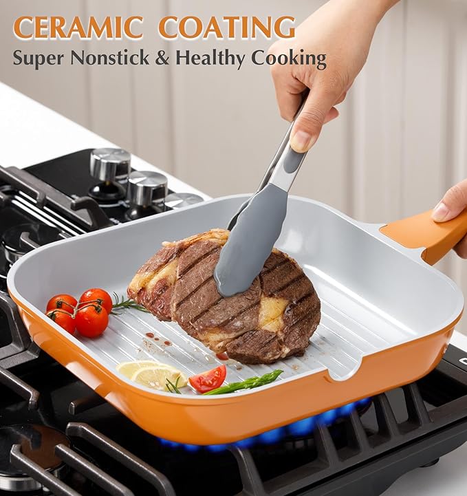 KOCH SYSTEME CS 11 Inch Nonstick Grill Pan for Stove Tops, Square Frying Pan with Pour Spouts, Square Pan for Indoor Cooking, Grill Skillet with Bakelite Handle, PTFE & PFOA Free, Orange