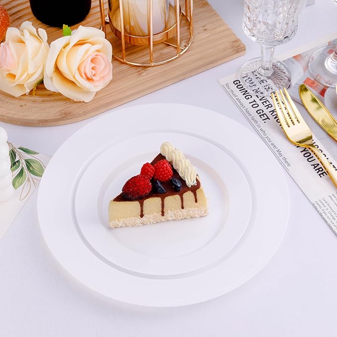 50PCS White Plastic Plates, Disposable Dinnerware for 25 Guests, Include 10.25 inch & 7.5 inch Dinner & Dessert Plates for Party, Wedding and Graduation