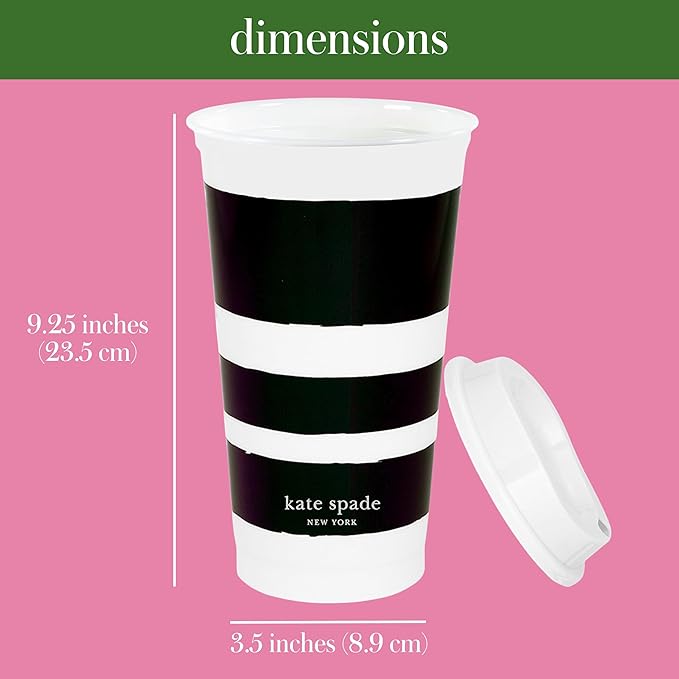 kate spade new york Black/White Reusable Coffee Cups with Lids, Travel Tumbler Set of 4, 16oz BPA-Free Plastic Cups with Lids, Coffee Mugs for Hot or Cold Drinks, Dots and Stripes