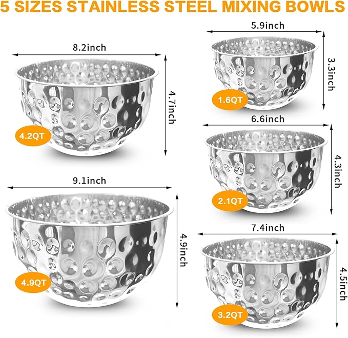 5 Piece Stainless Steel Mixing Bowls Set, Hammered Bowl Nesting Design Kitchen Bowls for Cooking, Baking, Serving (Size: 4.9/4.2/3.2/2.1/1.6QT)