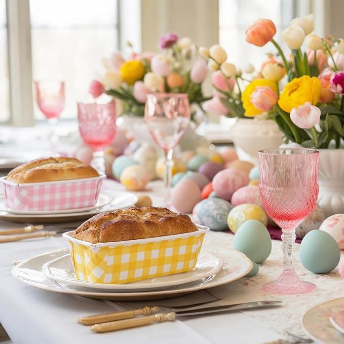 LemonRoad 48 Sets Easter Paper Loaf Pan for Baking 6.3 x 2.2 x 2.2 Inch Small Disposable Colorful Plaid Baking Pans with Clear Plastic Bags and Ties Rectangle Cake Pan for Bread Mold Supply Gift