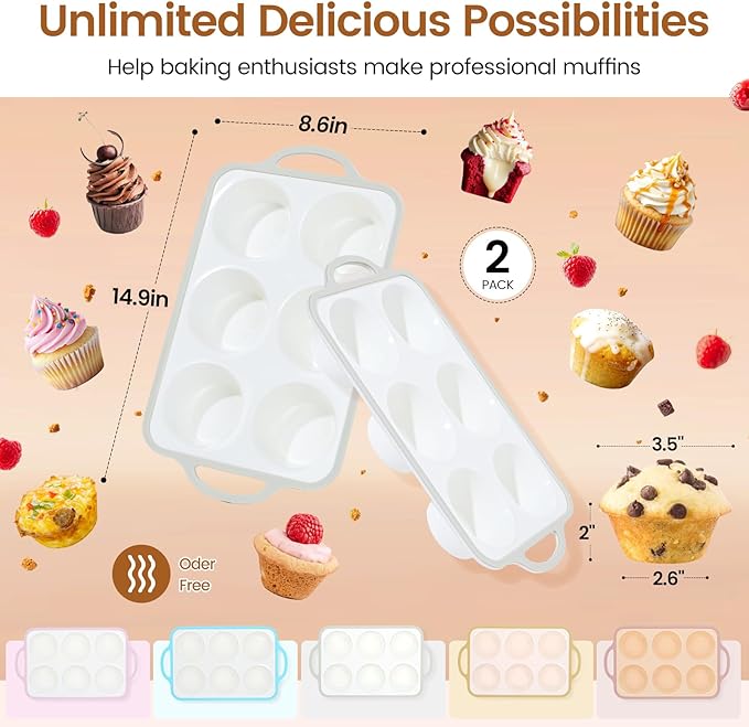 Silicone Jumbo Muffin Pan with Metal Frame, Non Stick Food Grade Silicone Large Muffin Pan, with Handles 6 Cup,BPA-Free and Dishwasher Safe, Jumbo Cupcake Pans - 2 Piece Gray