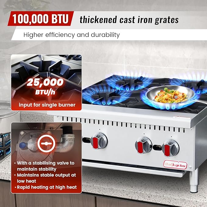 Commercial Gas Stove 4-Burner - 100,000 BTU Countertop Cooking Stove Range, Heavy-Duty Hot Plate, Stainless Steel Cooking Equipment for Restaurant, kitchens, Propane/Natural Gas