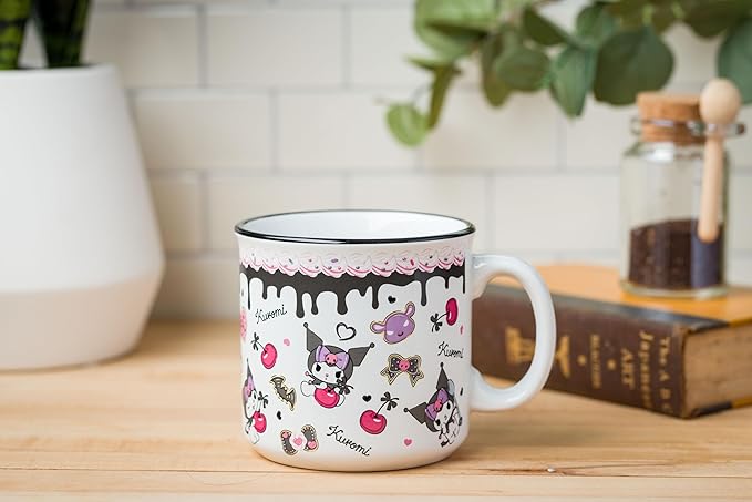 Silver Buffalo Sanrio Hello Kitty and Friends Kuromi Cherries and Black Hearts Ceramic Camper Mug, 20 Ounces