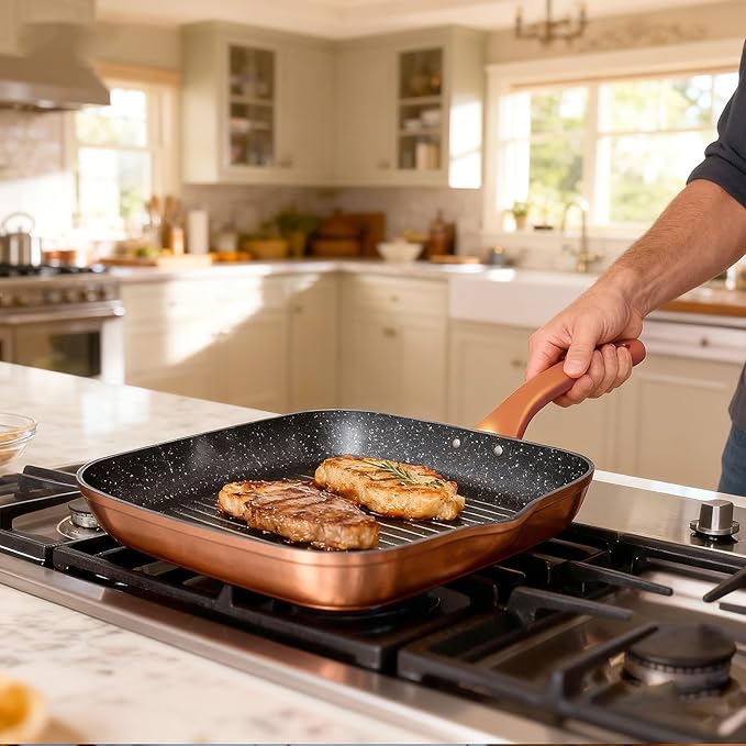 Nonstick Grill Pan for Stove Tops, 11 Inch Versatile Griddle Pan with Pour Spouts,Square Grill Pan for Indoor Cooking Surface, Durable Grill Skillet for Indoor & Outdoor Grilling.PFOA Free