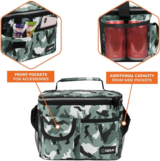 opux Insulated Lunch Bag for Men Women, Leakproof Camo Green Lunch Box for Work, Portable Soft Lunch Cooler Bag with Shoulder Strap, Adult Lunchbox Lunch Pail for Kid Boy Girl School, 14 Can/8L