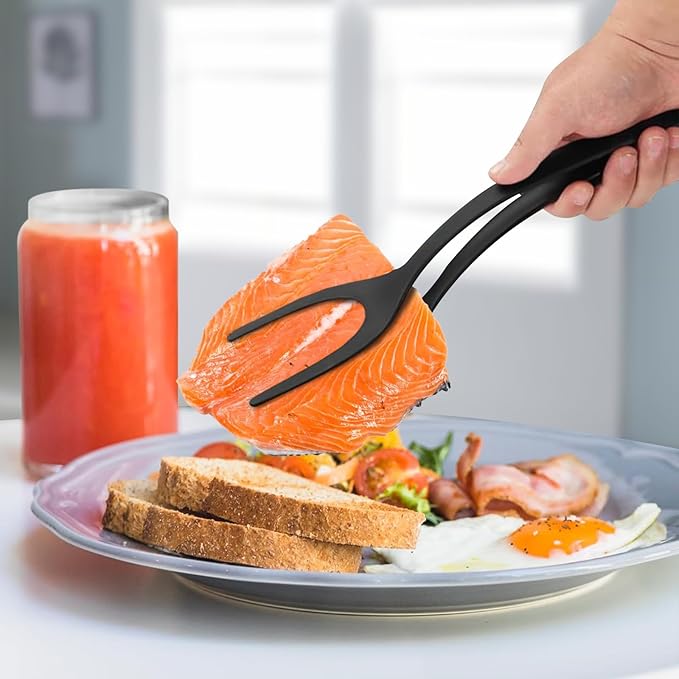 Egg Flipper Spatula 2 in 1 Grip and Flip Spatula Tongs Egg Spatula Flipper Made of High temperature resistant Nylon with Non-Stick Coating Egg Flipper for Home Kitchen Cooking Tool (black and gray)