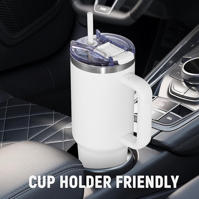 COKTIK 40 oz Tumbler With Handle and Straw, Insulated Tumbler With Leakproof Lids, Stainless Steel|BPA-Free, Cold for 24 H (Snow)