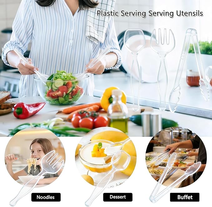 36Pcs Clear Plastic Serving Utensils Disposable Serving Spoons Forks Tongs for Party Utensils Supplies for Dinner Parties Buffets Salad Noodles Soup and Weddings (Clear)