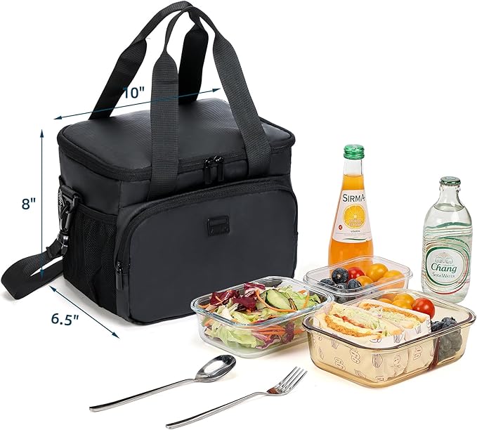 ZEEMO Insulated Lunch Bag for Men Women, Cooler with Adjustable Shoulder Strap, Leakproof Box for Work, Picnic, Medium Size, Black