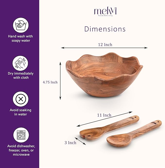 Melvvi Large Wooden Salad Bowl Set with 2 Serving Utensils | 12" Acacia Wood Bowls for Food | Great Mothers Day gift (Natural Set of 3)