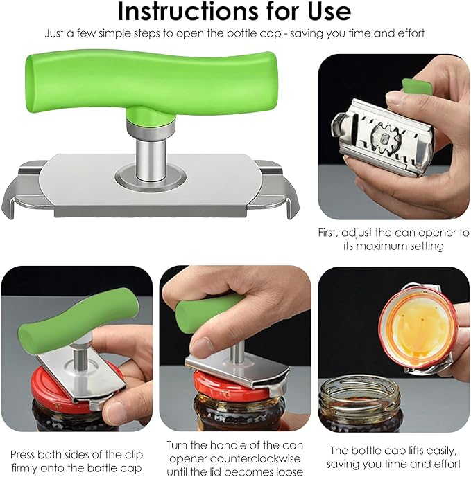 Cap Crack Opener, Adjustable Stainless Steel Twist Lid Opener, Mutil Lid Opener, Non-slip Ergonomic Grip Bottle Opener for Weak Hands