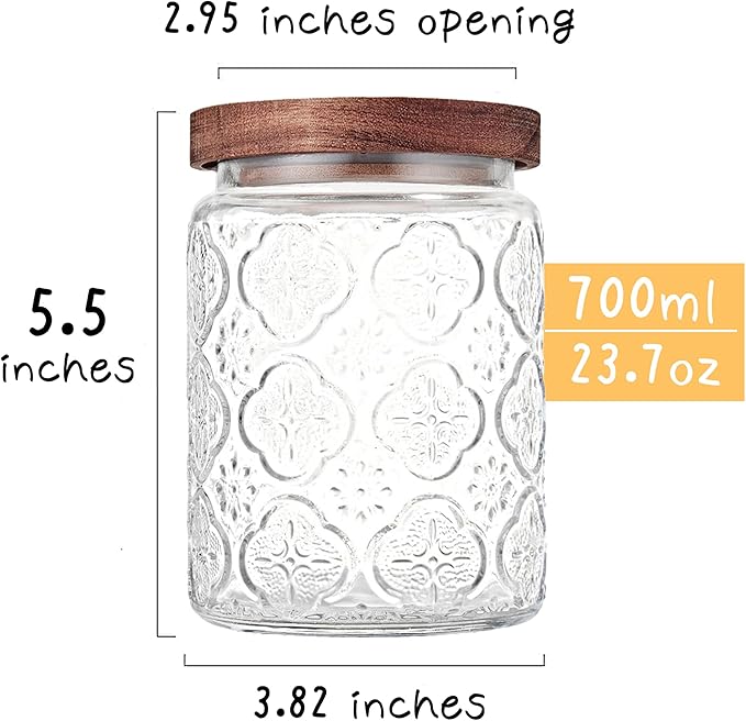 Glass Storage Jars With Airtight Lid, 23.7oz Container For Kitchen Counter with Wooden Lid, brown sugar, candy, coffee, cookie, salt, tea, cute Jar (Begonia Flowers*2)