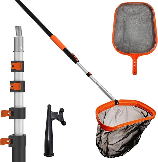 4-in-1 Pool Skimmer Net with Pole, Heavy Duty Pool Net and Fine Mesh Leaf Skimmer Net for Above Ground Pool, 16FT Telescopic Pool Pole with Professional Pool Net and Pool Hook for Cleaning