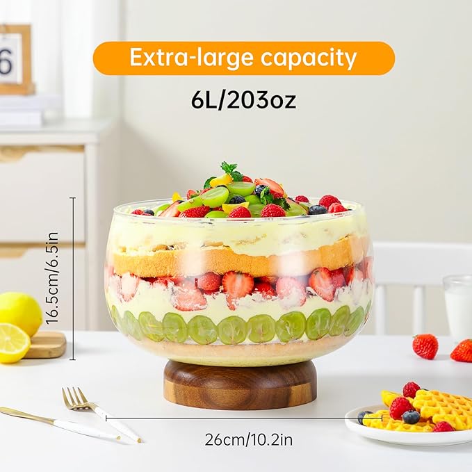 NiHome 203oz Extra Large Glass Trifle Bowl with Acacia Wood Stand, Serving Dish for Cakes, Salads, Desserts, Stylish Display for Parties, Weddings, Special Occasions, Durable Easy to Clean