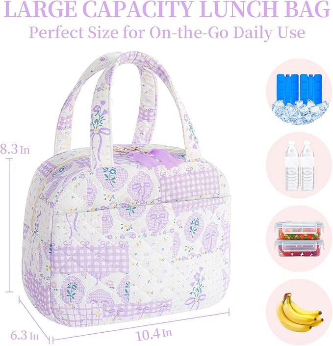 Quilted Lunch Box for Women,Coquette Aesthetic Lunch Box for Teen Girls,Cute Purple Bow Floral Lunch Bags for Work, School,Office,Picnic,Travel (Purple Bow Floral)