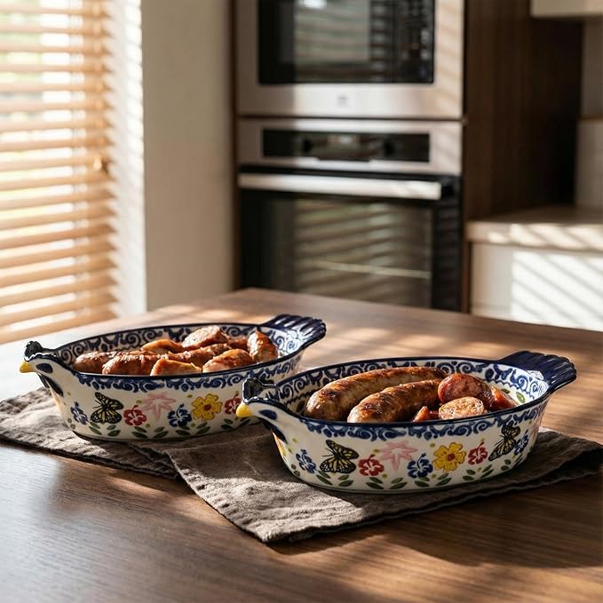 Uiifan 27 oz Ceramic Casserole Dishes Chicken Shape Vintage Pie Pan Bakeware Butterfly and Flower Pattern Plate Lasagna Pans Soup Bowl for Oven, Dishwasher and Microwave Safe