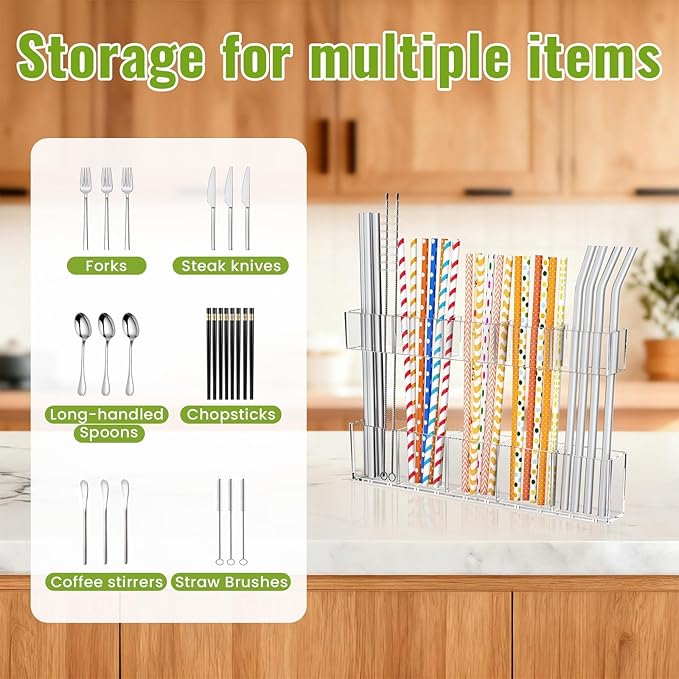 9.5” Large Acrylic Straw Holder for Cabinet Door-Reusable Tumbler Straw Organizer with Ultra Sticky Adhesive Tape ,Plastic Kitchen Accessories Container for Inside Cupboard Door (Transparent)