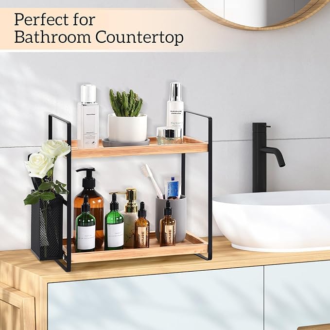 LEMIKKLE 2-Tier Coffee Bar Organizer With Basket,Wooden Shelf for Coffee Bar Accessories,Spice Rack Organizer for Countertop-Brown