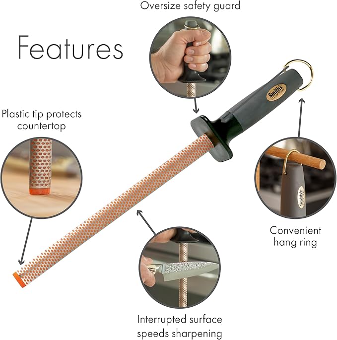 Smith’s 3001 10” Oval Diamond Sharpening Steel Rod – Grey – Oval Design – Rubber Grip Handle – Plastic Sharpening Tip