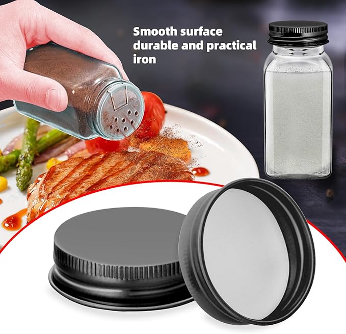 48 Pcs iron Jar Lids Lids for 4 oz and 6 oz Square Spice Jars Reusable Can Airtight Spice Storage Canning Lids for Nice Sealing Kitchen (Black)