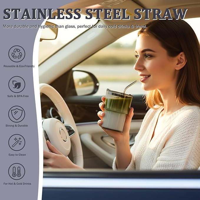 4 Packs Glass Tumbler with Lid and Straw Ice Coffee Cup Kitchen Gadgets Seller Apartment Essentials New Home Must Haves Things Stuff Accessories House Warming Housewarming Hostess Host First Gift