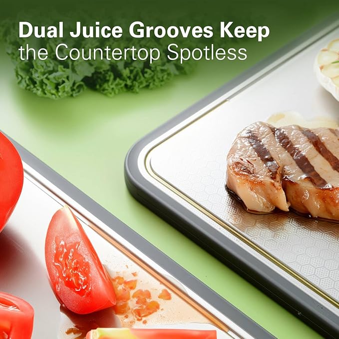 Stainless Steel Cutting Board 16''×11'', Double Sided 304 Steel Cutting Board for Meat, Vegetables & Fruits, Heavy Duty Rust-Resistant Chopping Board for Kitchen with Juice Groove on Both Sides