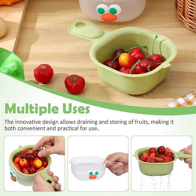 ABOOFAN 3Pcs Fruit Washing Bowl with Strainer, Dual-Layer Small Kitchen Colander with Handle, Vegetable Washing Draining Basket for Mini Berry Tomato Grape Washer