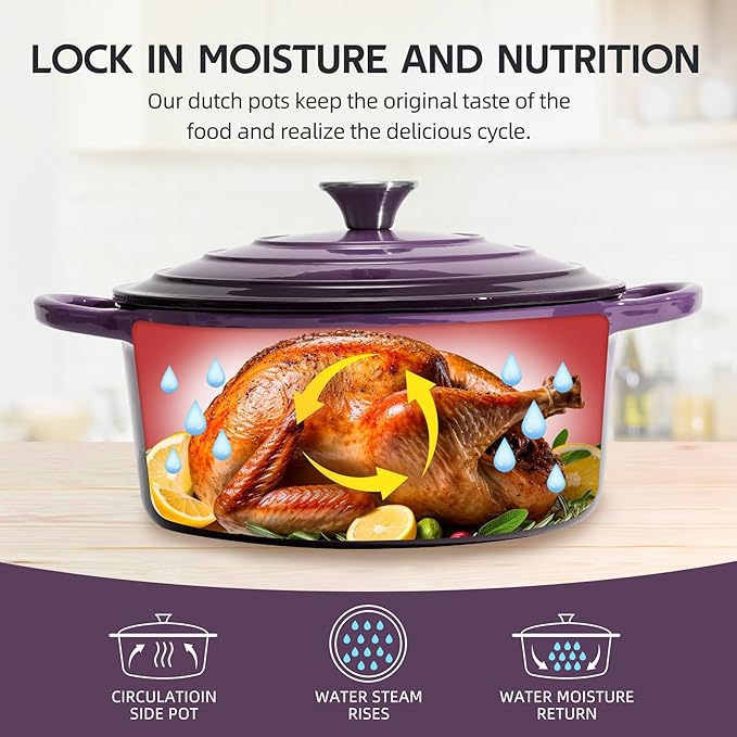 6 Quart Dutch Oven Enameled Cast Iron with Lid - Big Dual Handles - Oven Safe up to 500°F - Classic Round Pot for Versatile Cooking Purple