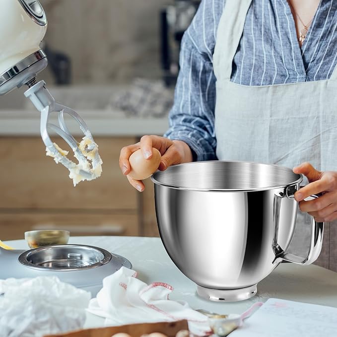 5 Quart Mixing Bowl for KitchenAid Stand Mixers, Food-Grade Stainless Steel Bowl with Handle & Clasp, Compatible with Tilt-Head 4.5–5 Qt Models – Fits K45, K45SS, KSM75, KSM150, KSM95 (Silver, 5QT)