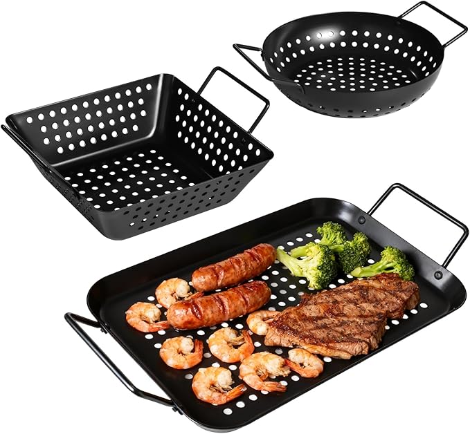 Grill Baskets, Heavy Duty BBQ Grilling Baskets 3PCS Outdoor for Vegetables Meat Seafood, Non-Stick Perforated Grill Pans Tray for Charcoal Grills Grilling Accessories