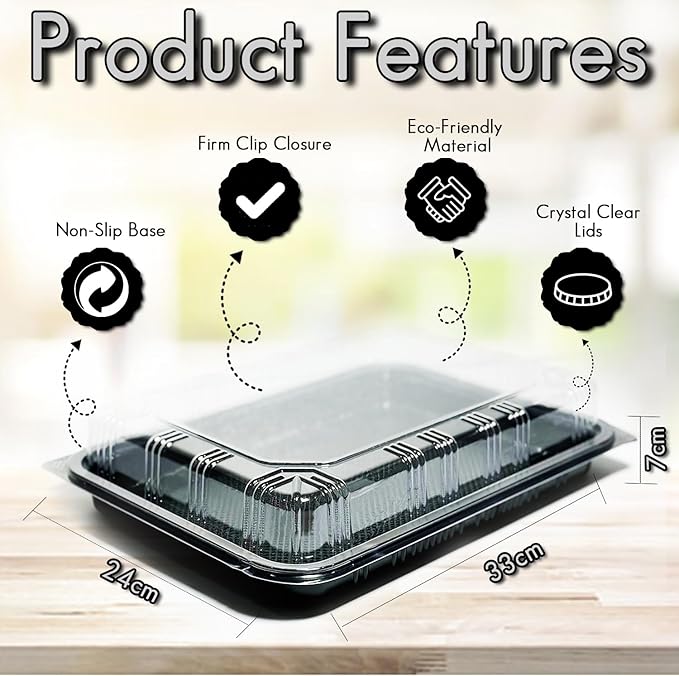 TRAYA Pack of 25 Serving Tray with lid - Reusable Catering Trays with Lids 13'' Long for Meal Prep, Cakes, Treats and Sandwiches (13 * 2.7 * 9.4inch)