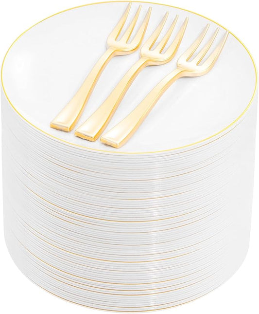 Festiva 200Pcs Gold Dessert Plates 6.3" with Forks 5"- Small Disposable Dessert/Cake/Appetizer Plates Plates- serve 100 guests include 100Plates 100Forks for Wedding &Birthday Party & Easter