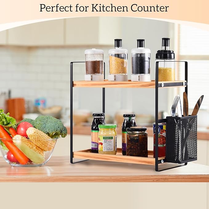 LEMIKKLE 2-Tier Coffee Bar Organizer With Basket,Wooden Shelf for Coffee Bar Accessories,Spice Rack Organizer for Countertop-Brown