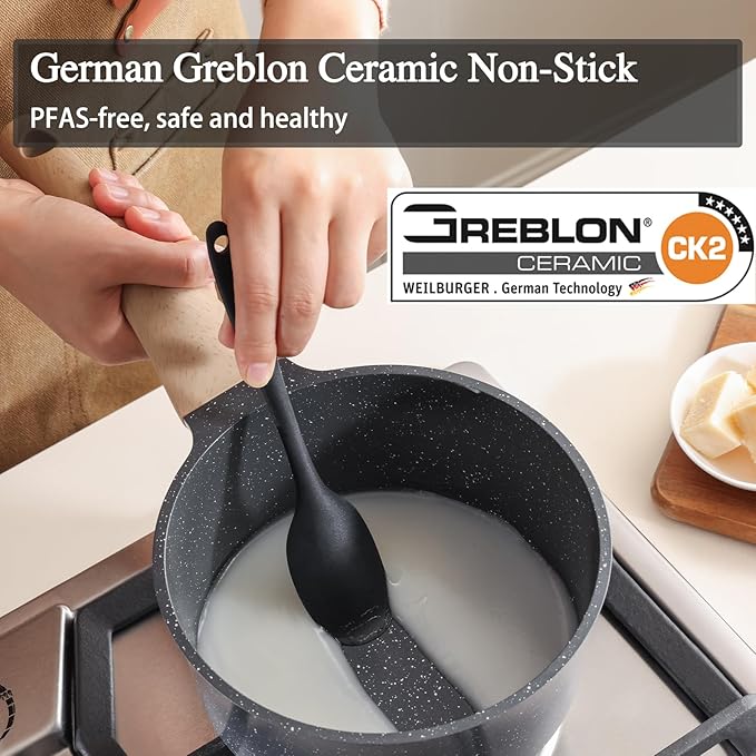 Nonstick Saucepan with Lid, 3.5 Quart German Greblon Ceramic Sauce Pan, Non Toxic Sauce Pot with Cover for Multipurpose Use, PTFE, PFOA & PFAS Free, Induction Compatible.