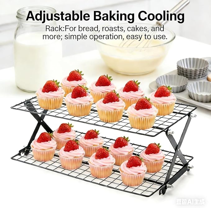 Collapsible Cooling Rack with Adjustable 3 Setting, Wire Cooling Roasting Cooking Baking Drying Rack for Cookies Bread (2-Tier)