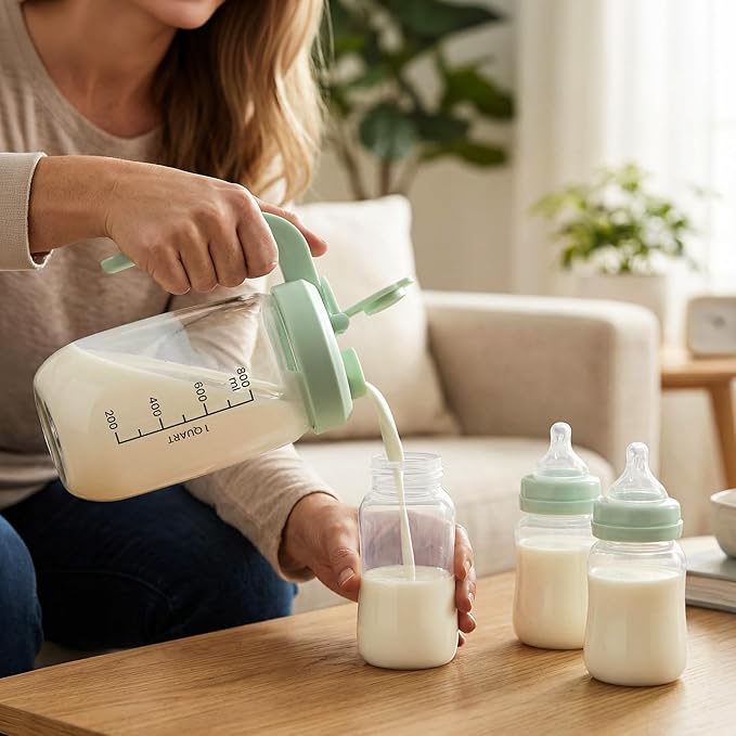 Breast Milk Pitcher 32 OZ, Heat & Cold Resistant, Sudden Temperature Safe, Fast Baby Formula Maker with Wide Mouth, No Leak Borosilicate Glass Fridge Storage Container for Juice, Cold Brew-Green