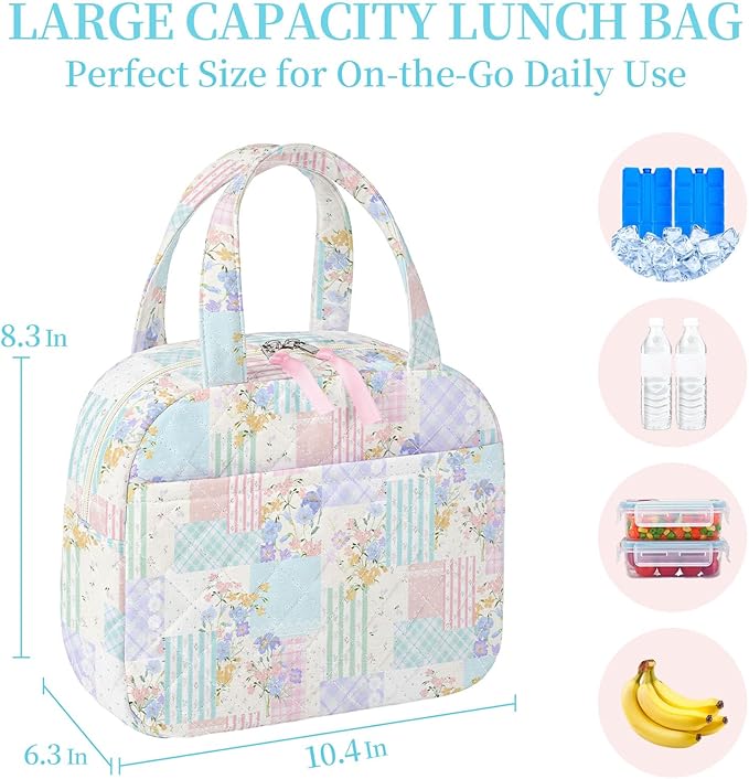 Quilted Lunch Box for Women,Coquette Aesthetic Lunch Box for Teen Girls,Cute Floral Lunch Bags for Work, School,Office,Picnic,Travel (Colorful Patchwork)