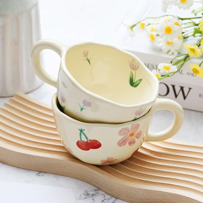 Vesici 2 Pcs Ceramic Coffee Mugs with Spoon, Vintage Floral Spring Mugs with Handle, 8.5 oz Aesthetic Flower Porcelain Tea Cup Set, Dishwasher & Microwave Safe for Home Office Gift(Cute)
