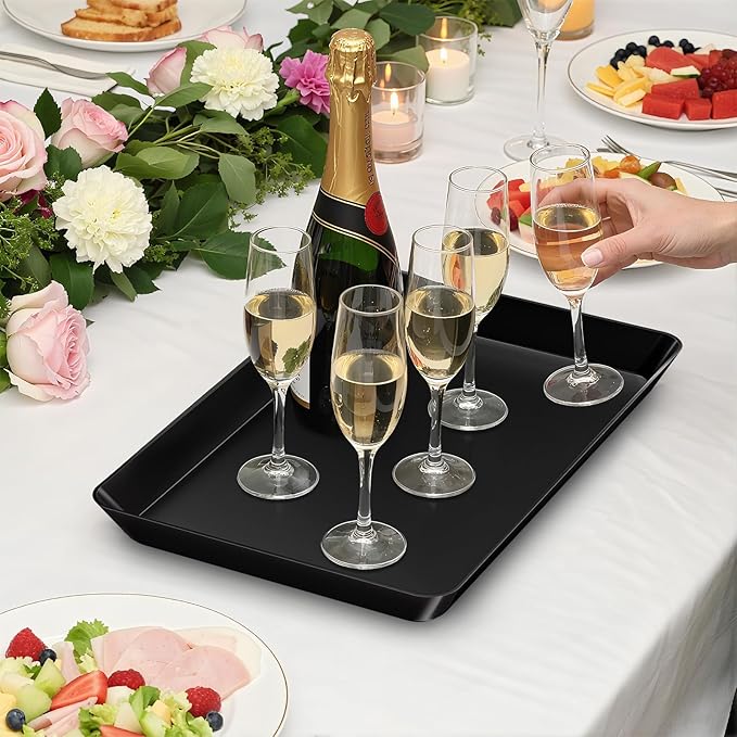 4-Pack Serving Tray Set, Reusable Plastic Serving Platter for Party Supplies, Entertaining, Grilling Accessories, Stackable Kitchen Snack Box Container for Dessert, Fruit, Cookie, (Black)