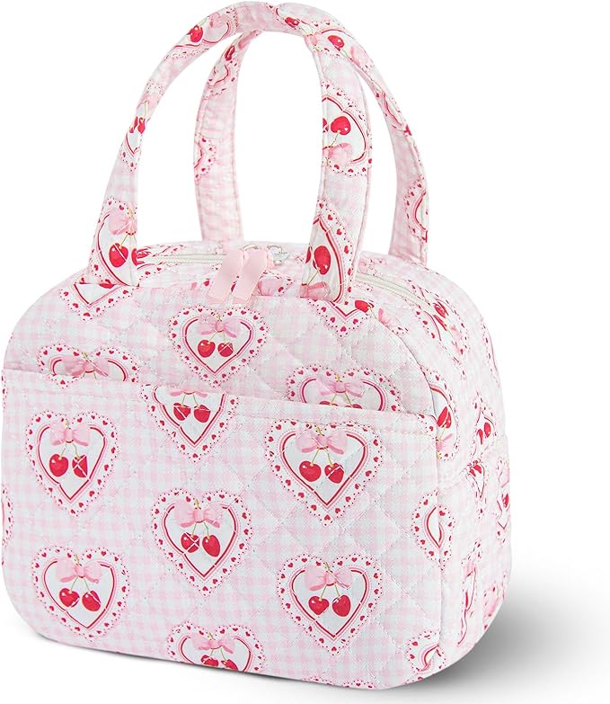 Quilted Lunch Box for Women,Coquette Aesthetic Lunch Box for Teen Girls,Cute Cherry Lunch Bags for Work, School,Office,Picnic,Travel (Cherry Plaid Heart)