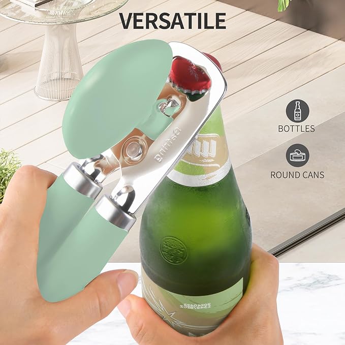 Can Opener Manual, Heavy Duty Stainless Steel Smooth Edge Can Opener With Soft Touch Handle, Oversized Handheld Easy Turn Knob, Multi-Function Bottle Opener, Mint