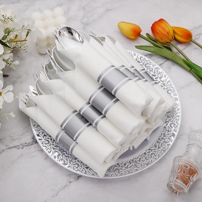 Supernal 60 Pack Pre-Rolled Silver Plastic Cutlery Heavy Duty Wrapped Silverware Disposable Premium Silver Plastic Silverware Forks and Spoons for Valentine's Day Mother's Day and Easter