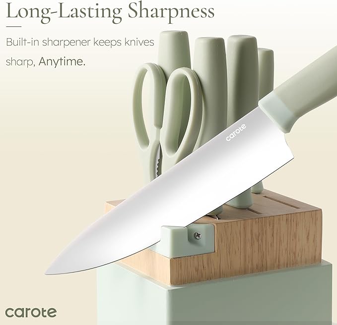 CAROTE 9 Pieces Kitchen Knife Block Set with Sharpener, Dishwasher Safe Knives for Kitchen, Forged Cutlery with Razor-Sharp Stainless Steel Blades, Green